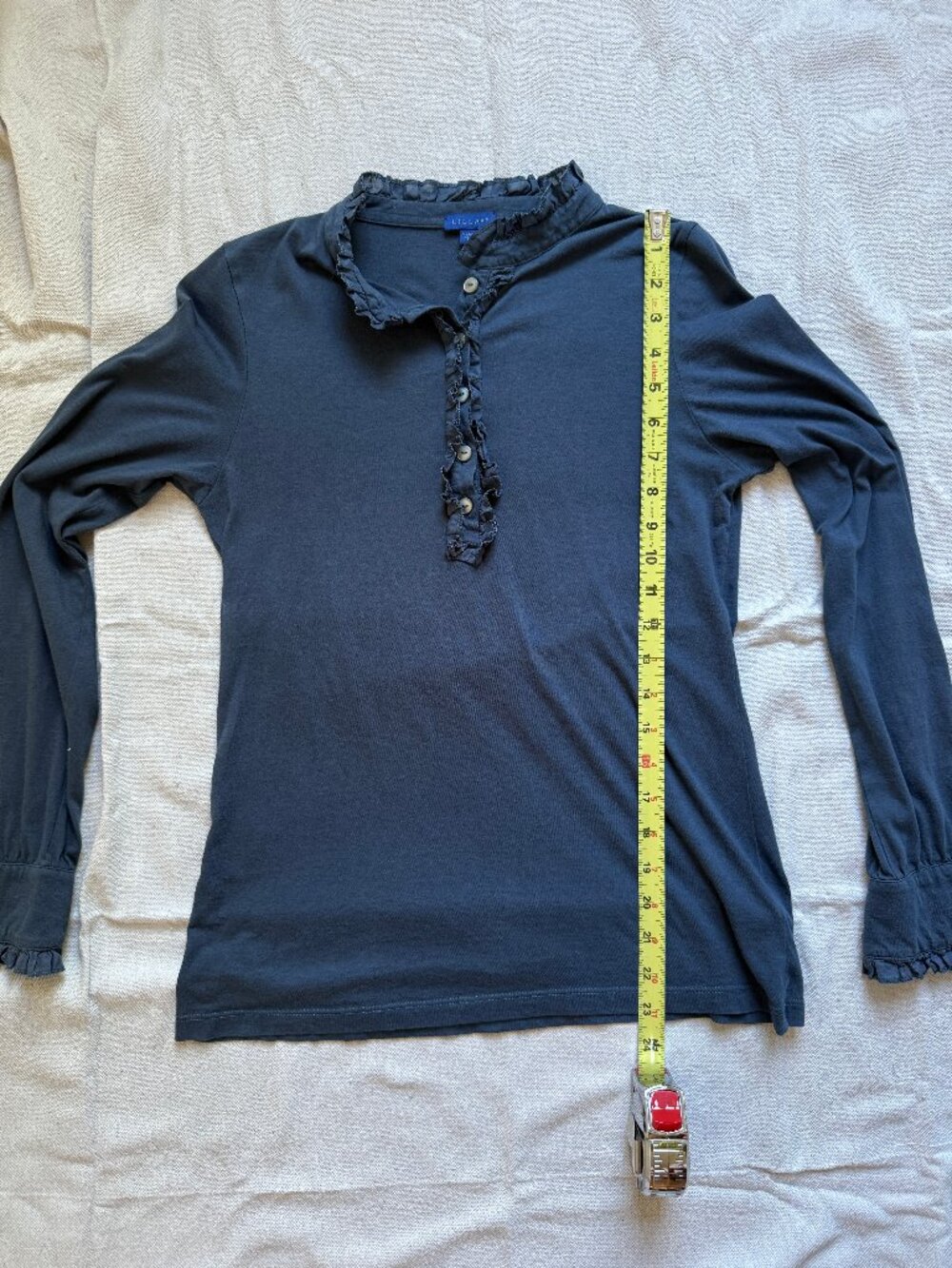 Lilla P Ruffled Mock Neck Button-Front Henley Top - Picture 2 of 6